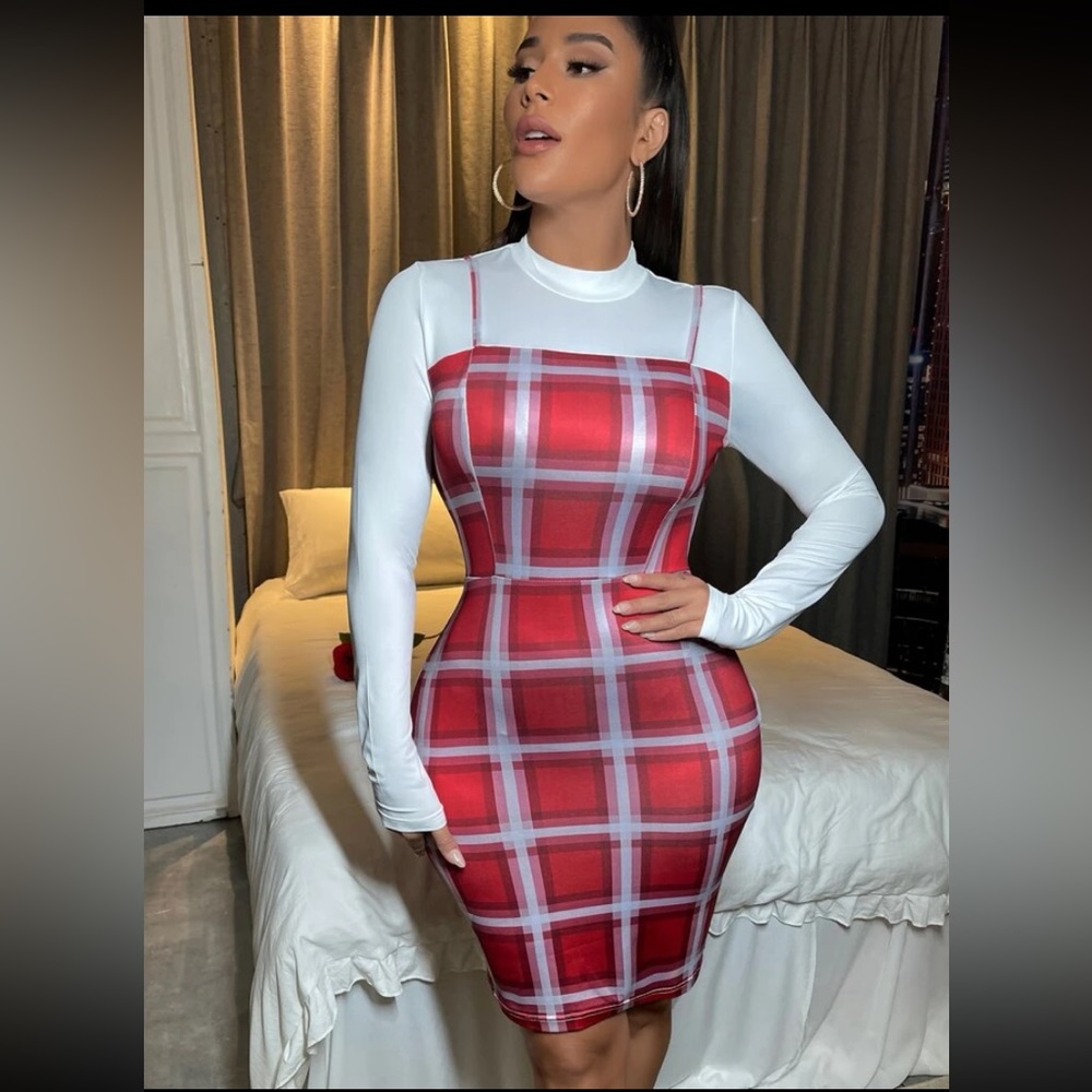 Plaid Mock Neck 2 In 1 Bodycon Dress